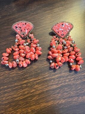 Vintage 80s Statement Earrings | Coral Splatter Beaded Fringe Earrings